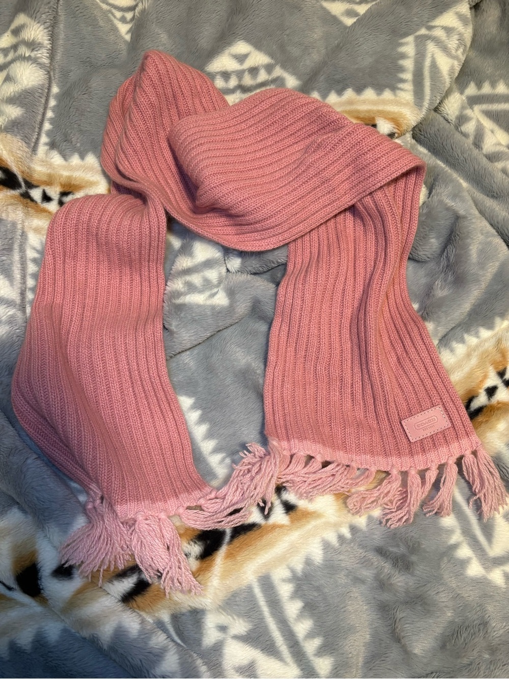 Coach Pink Ribbed Fringe Knit Scarf